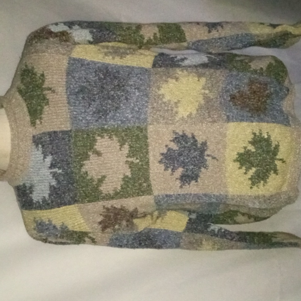 Vintage David Brooks Leaf Print Roll Neck Sweater. Acrylic, Cotton and Silk. Lg